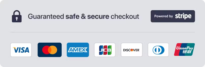 Stripe, VISA, Mastercard, Amex, PCI-DSS — all secure payment methods