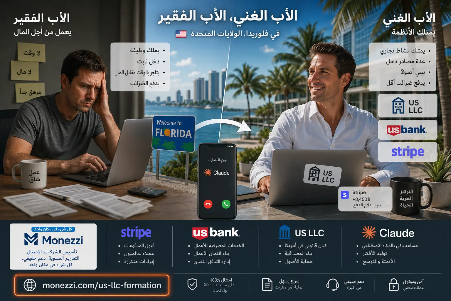 خمسة مصادر دخل من مهارة واحدة، داخل شركة LLC في فلوريدا تعالج عبر Stripe