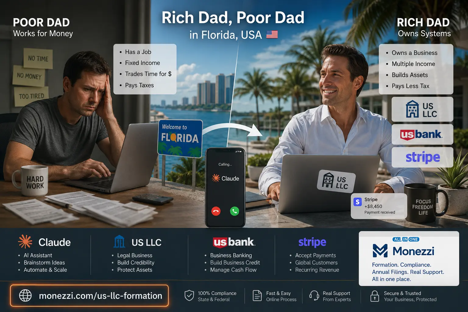 Five income streams from one skill, wrapped in a Florida US LLC processing through Stripe