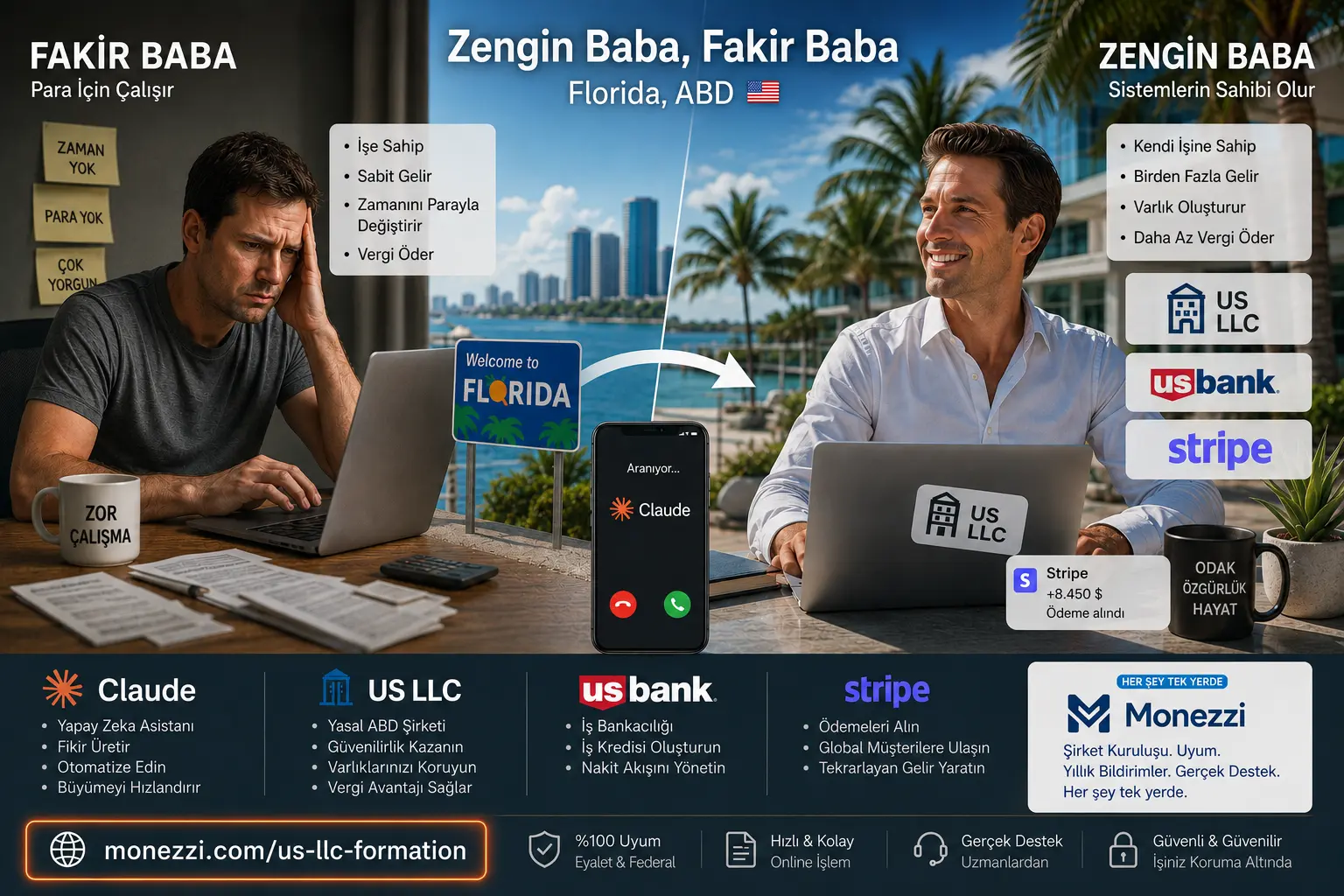 Tek yetenekten beş gelir akışı, Florida ABD LLC'si içine sarılı, Stripe üzerinden işleniyor
