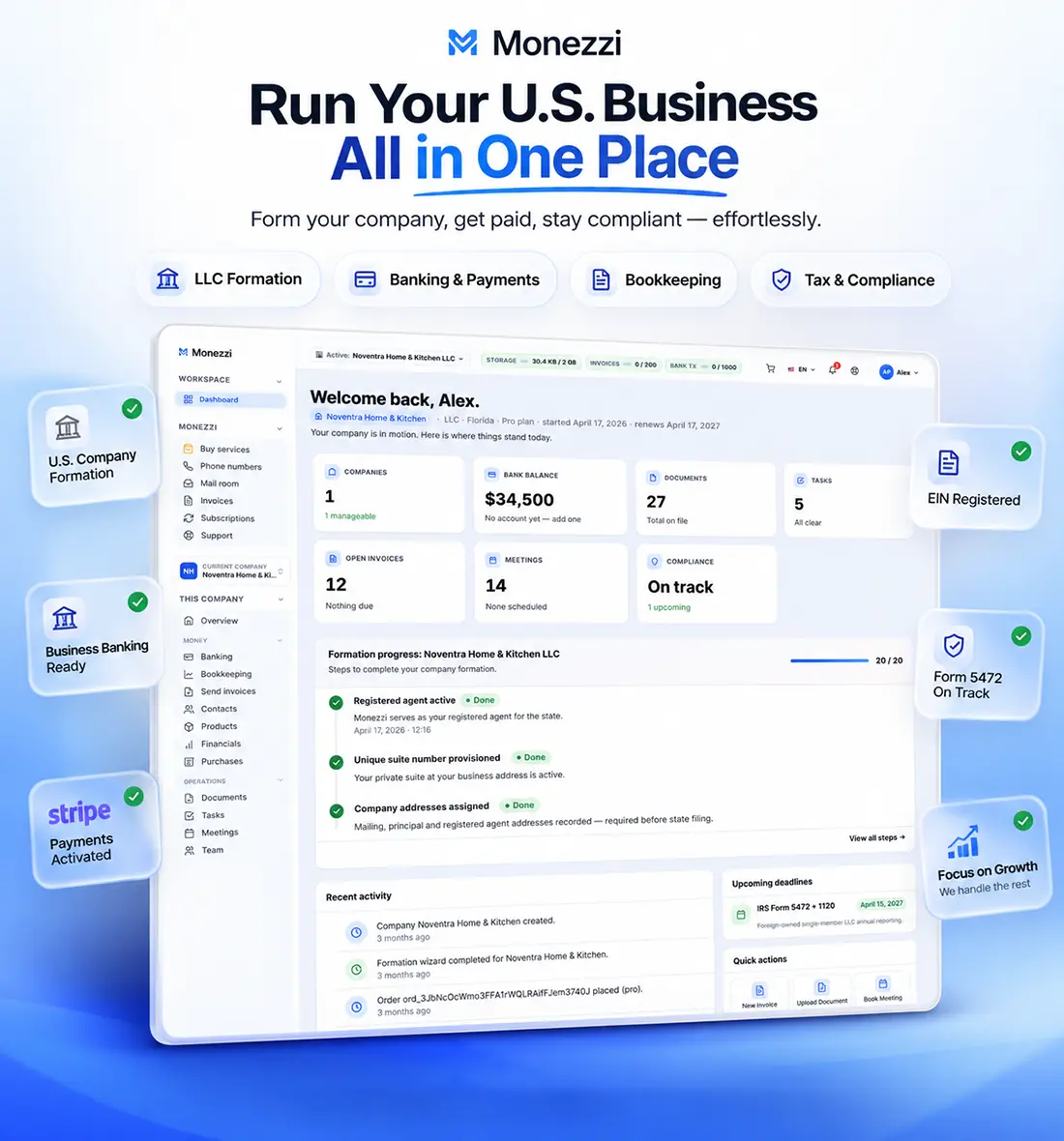 Run Your U.S. Business All in One Place — Monezzi dashboard preview