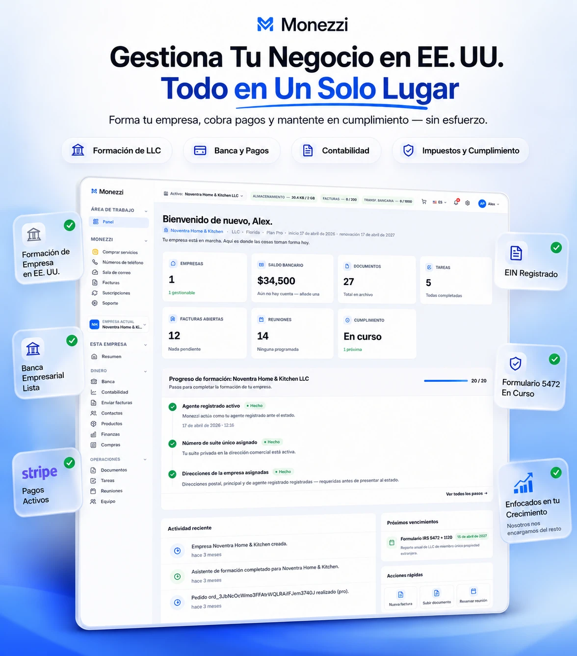 Gestiona Tu Empresa en EE. UU. Todo en Un Lugar — Vista del panel de Monezzi