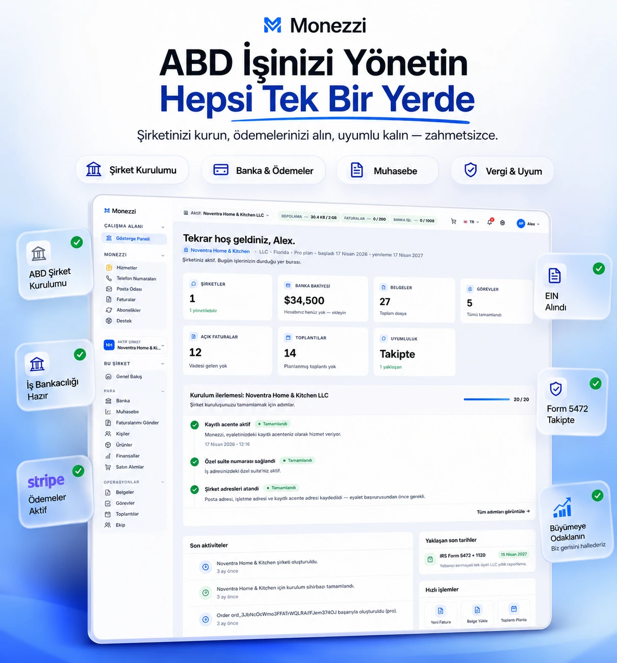 Amerika Şirketinizi Tek Yerden Yönetin — Monezzi panel önizlemesi